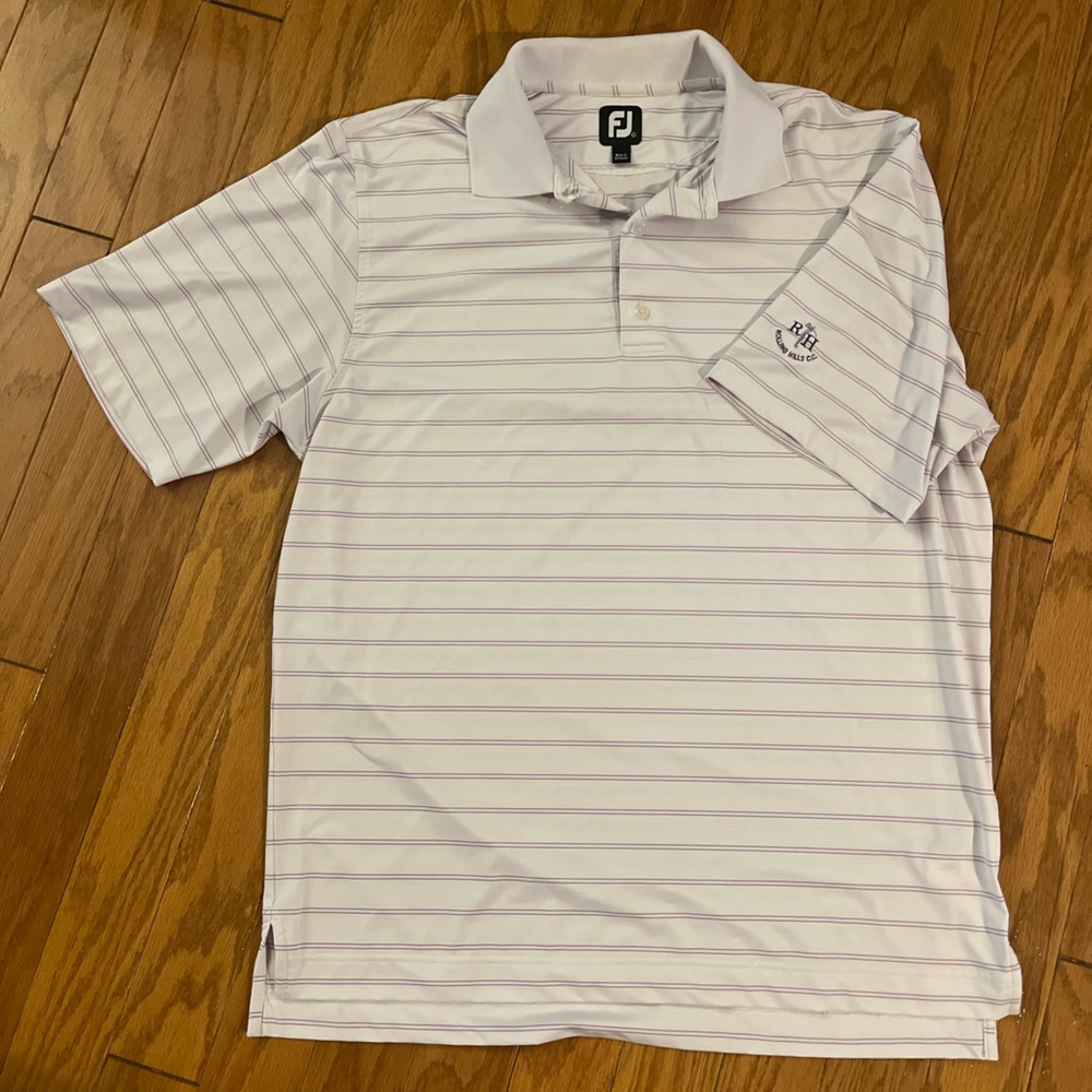 Large Footjoy White with Purple Stripes Polo.